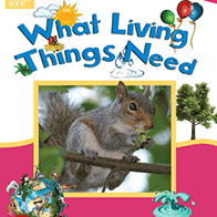 A book cover features a photograph of a gray squirrel eating on a tree branch, surrounded by cartoon illustrations of the sun, a water droplet, a tree, balloons, a butterfly, a globe with greenery, and a fountain, all against a white and pink background.