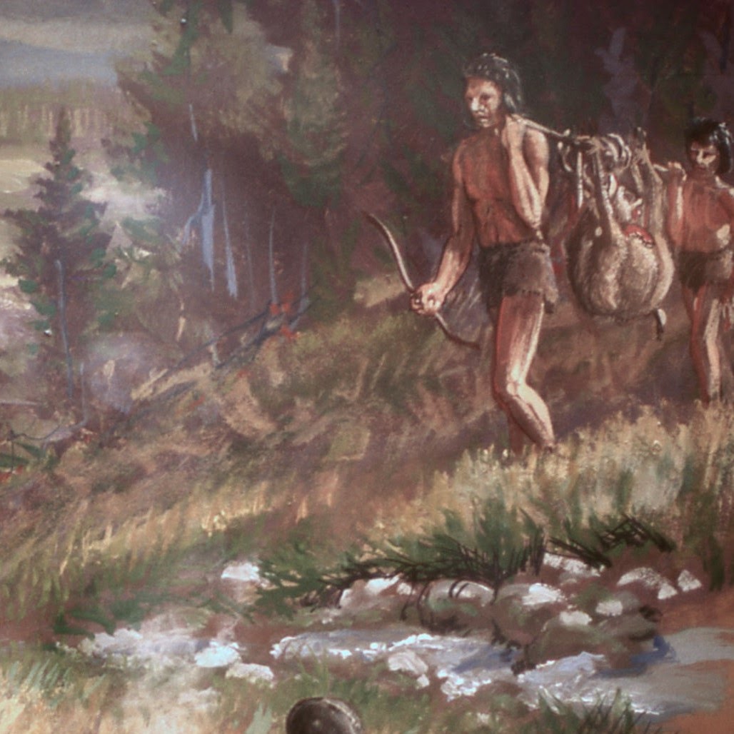 An illustration of a person wearing a loincloth and walking through a creek