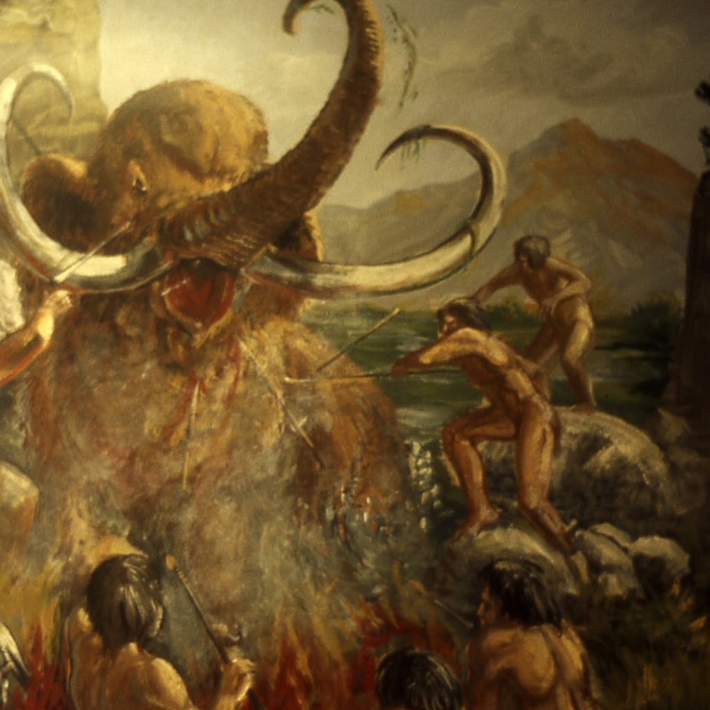 An illustration of a group of hunters battling a large animal