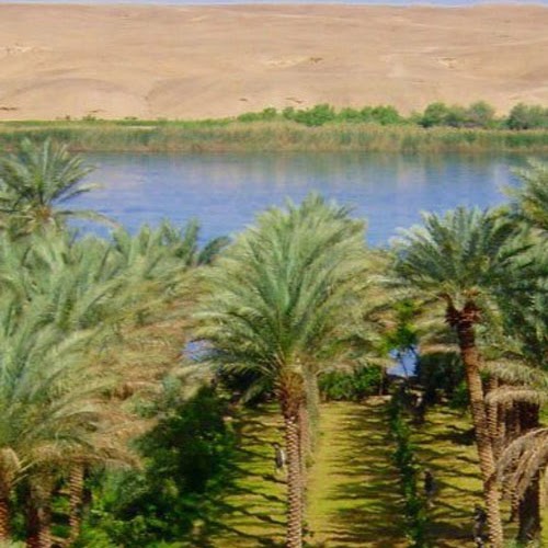 A painting of a lake with trees from the ancient Middle East