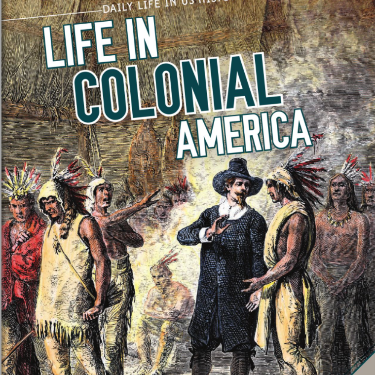 A book cover showing people in a city center talking in colonial times