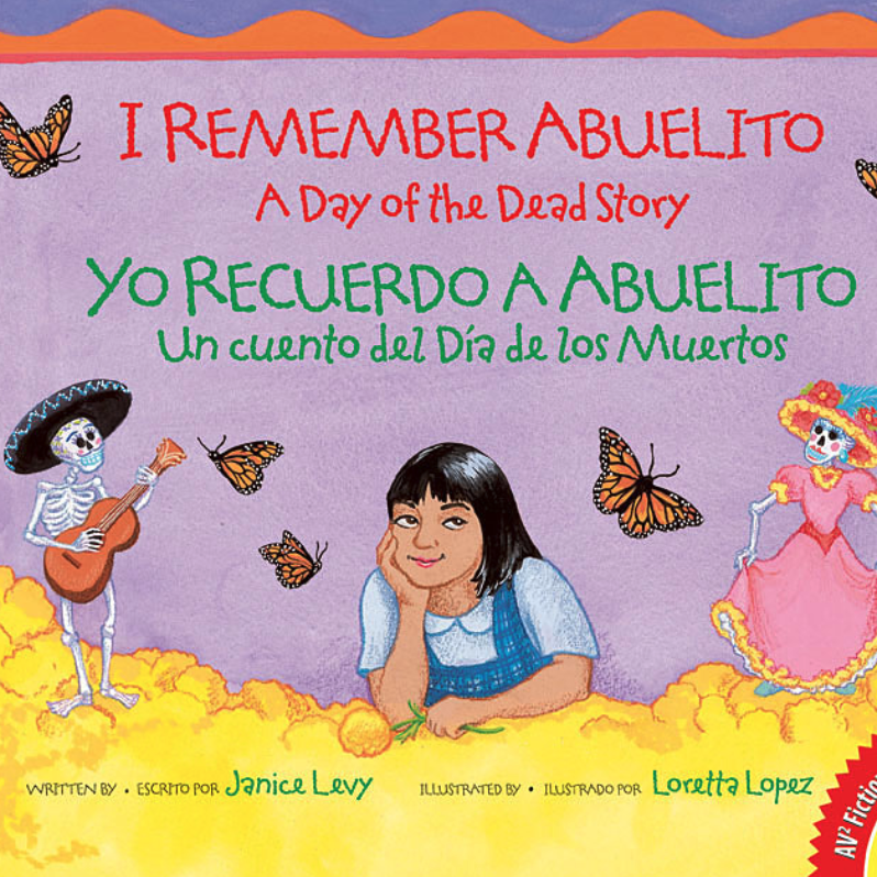 A book cover showing a young girl resting her chin on her hand, flanked by a skeleton playing a guitar on the left and a female skeleton dancing on the right, all surrounded by monarch butterflies.
