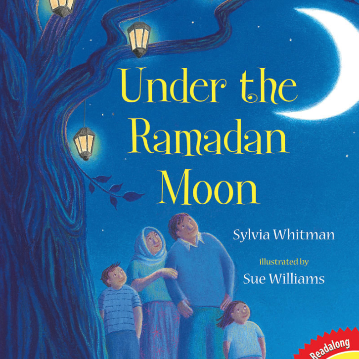 A book cover showing a family of four standing under a tree with glowing lanterns and a crescent moon in a night sky.