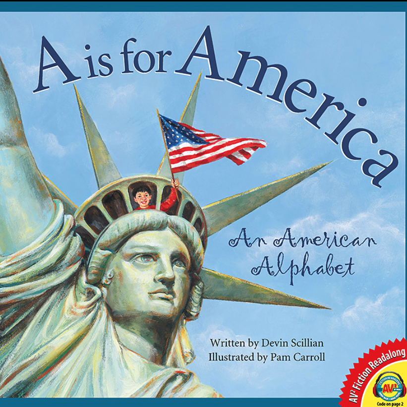 A book cover showing a child holding an American flag peeks from the Statue of Liberty's crown.