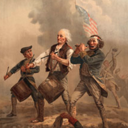 A book cover showing men marching into battle in colonial clothes