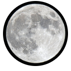 A circular image features a detailed close-up of the full moon, revealing its craters and textured surface against a dark background, enclosed by a thin black border.