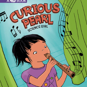 A book cover shows a cartoon girl with dark hair playing a wooden flute, with musical notes floating around her and green curtains on either side.