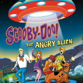 A book cover depicts a classic cartoon scene with Scooby-Doo and the gang looking up in surprise at a red and silver UFO shining a bright light down on them, against a dark blue and green night background.