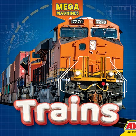 A book cover showing the front of an orange train with freight cars, against a blue background with faint technical drawings.