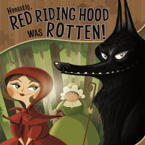 A book cover showing a woman in a red cloak and a wolf smiling with a grandma in the background