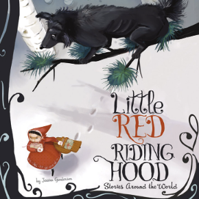 A book cover showing a girl in a red dress in a dark forest