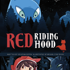 A book cover showing a girl in a red cloak with a wolf watching from behind