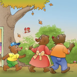 A cartoon drawing of three bears going for a walk in front of a house