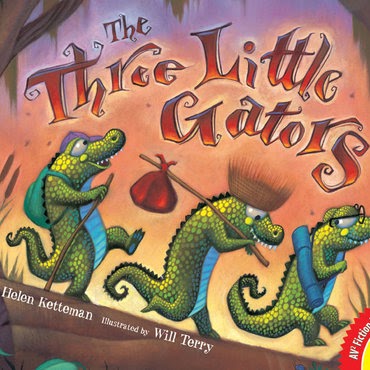 A book cover showing three alligators with backpacks on
