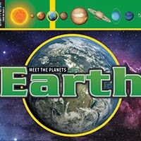 A book cover features a large, detailed image of Earth in the center with a yellow outline, against a backdrop of space with stars and nebulae, and a green banner at the top displaying all the planets of our solar system in a horizontal line, with the title "Earth" in green.