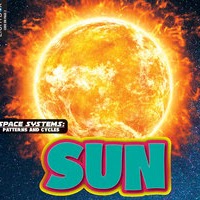 A book cover features a blazing image of the sun with intense orange and yellow flames against a dark, starry cosmic background.