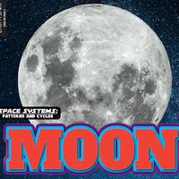 A book cover displays a large, detailed image of the full moon with its craters and features, set against a dark, starry background, with the word "MOON" in large red and blue letters at the bottom.