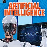 A book cover showing a human like robot using a computer