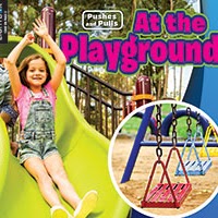 A book cover shows a smiling girl sliding down a bright green slide with her arms raised, and a circular inset of colorful empty swings at a playground.