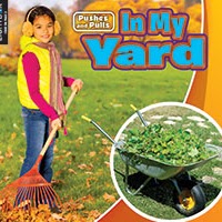 A book cover shows a smiling young girl raking fallen leaves on a lawn, with a circular inset of a wheelbarrow full of leaves.