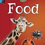 A book cover features a close-up of a giraffe's head, a spider, and a pile of orange food against a gradient red and orange background.