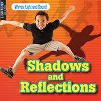 A book cover shows a young boy with outstretched arms and legs jumping enthusiastically, casting several shadows behind him on an orange background.