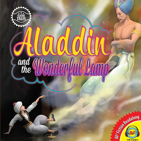A book cover showing a boy holding a lamp and a genie appearing out of it