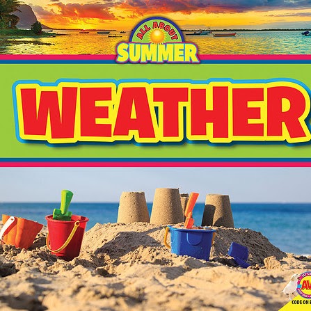 A book cover features sandcastles and colorful beach toys on a sandy shore, with a top border illustrating a vibrant sunset over the ocean with boats