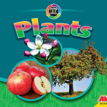 A book cover features a collage of images showing the life cycle of an apple tree, including blossoms, whole and sliced apples, and a mature tree laden with fruit, against a teal background.