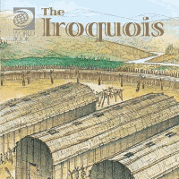 A book cover showing the long huts of the Iroquois people
