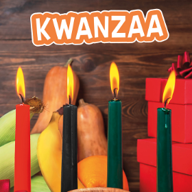 A book cover showing four lit Kwanzaa candles, two red, one black, and one green, in front of a wooden background with various fruits and red wrapped gifts.