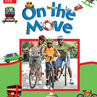 A book cover showing a family of three riding bicycles, surrounded by illustrations of various modes of transportation.
