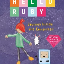 A book cover with a girl standing next to a smiling computer