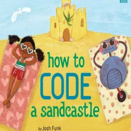 A book cover showing a girl and a robot on the beach by a sandcastle.