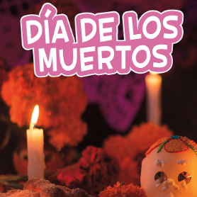 A book cover showing lit candles, marigolds, and a decorated skull in a dimly lit setting.