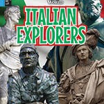 A book cover showing statues of Italian explorers