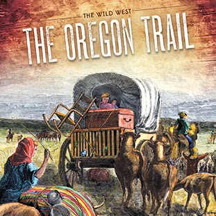 A book cover showing a family in a covered wagon