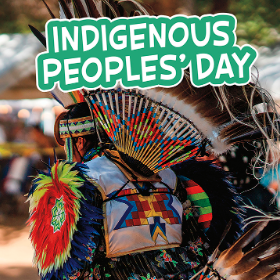 A book cover showing a person in traditional regalia with a feathered and beaded headdress, dancing at a powwow.
