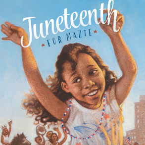 A book cover showing a young kid with their arms raised in excitement, wearing a white shirt and a red, white, and blue beaded necklace.