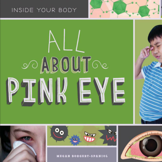 A book cover showing kids itching their eye and a drawing of an eye infection.