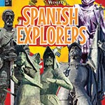 A book cover with statues of Spanish Explorers