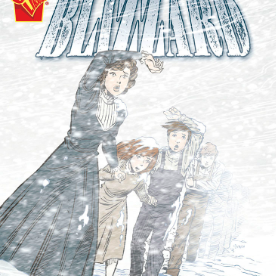 A book cover showing a drawing of a teacher and students outside in a blizzard