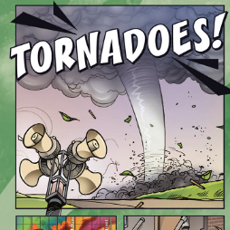 A book cover showing a cartoon style drawing of a tornado in a field and a siren in front of it
