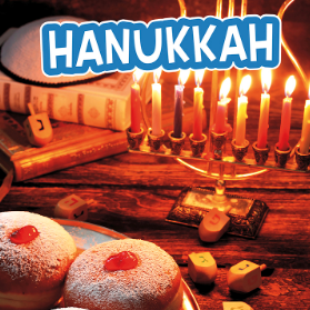 A book cover showing a lit menorah, doughnuts, and dreidels on a wooden surface.