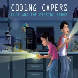 A book cover showing two kids in the dark with flashlights and a computer