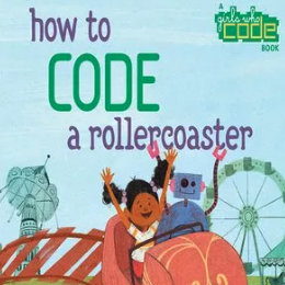 A book cover showing a girl and a robot riding a rollercoaster and laughing