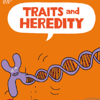 A book cover has an orange background with a white speech bubble containing red text, and a cartoon illustration of a purple chromosome unravelling into a DNA strand.