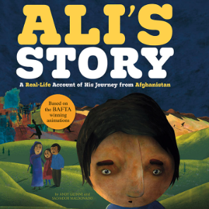A book cover with a drawing of a boy from Afghanistan and his family behind him