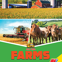 A book cover with three pictures of horses, a farm machine and a field