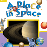A book cover with a purple background features a large image of Saturn with its rings, an astronaut reaching up towards it, and various planets and celestial objects scattered around, with the title "A Place in Space" written in blue at the top alongside a rocket and stars.
